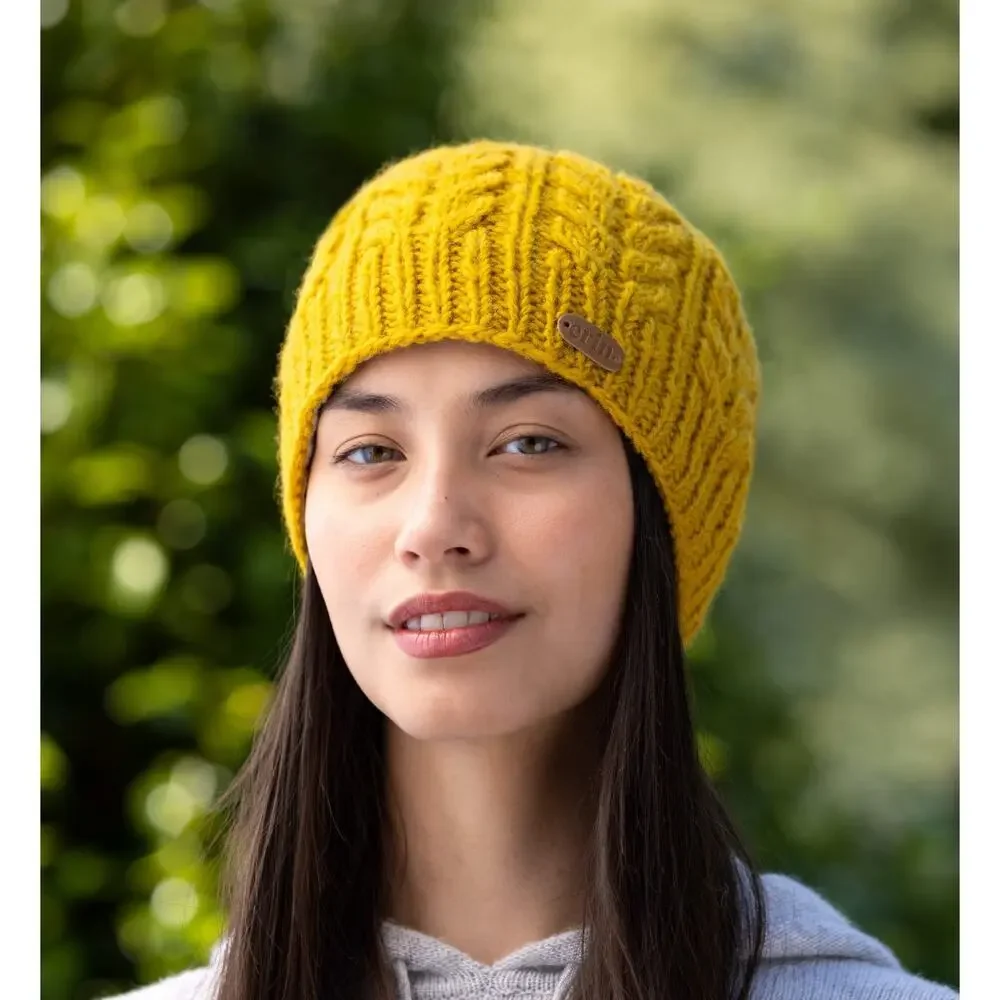 ERIN Irish Wool Aran Cable-Knit Beanie in Mustard Yellow w Gray Fleece Lining OS